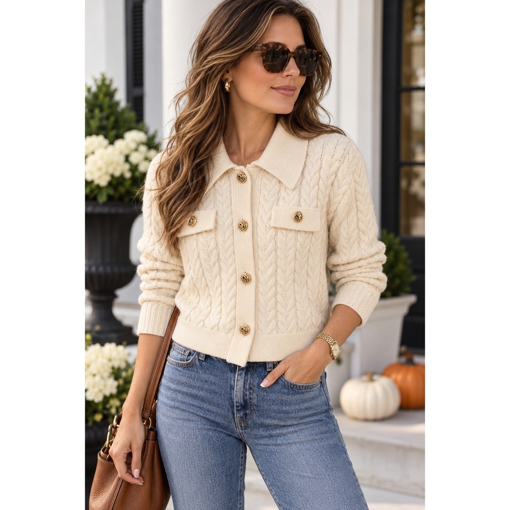 Elie Tahari Cable Knit Cardigan Cream Gold Crest Button Collared Sweater Medium